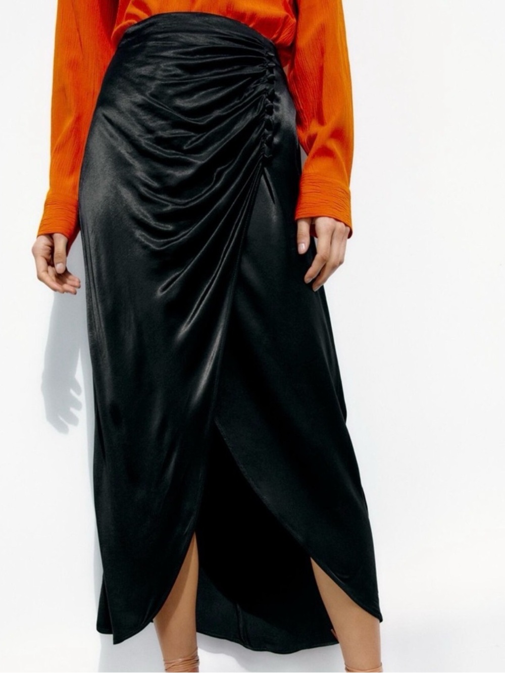 Zara Black Satin Ruched Wrap-Style Midi Skirt
